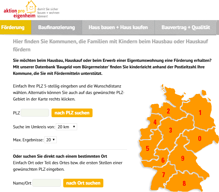 Aktion Eigenheim Datenbank deutsche Förderungen und Zuschüsse von Kommunen, Stadt und Landkreise